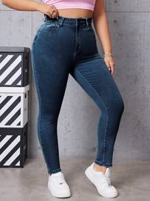 SHEIN EZwear Quần Jeans Skinny Túi Thời Trang Thường Ngày Cỡ Lớn Cho Nữ - Rửa tối - Xem 6