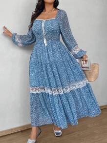 SHEIN LUNE Plus Size Square Neck Long Sleeve Contrast Lace Summer Dress Maxi Women Outfit Fall Cloth For Women - Multicolor - View 7