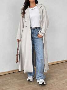 Flirla Manteau trench à manches longues casual à col pour femmes de grande taille, couleur unie - Nude - Voir 4