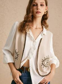 Poéselle Women's Contrast Edge Eyes Pattern Casual Sleeveless Top - Khaki - View 3