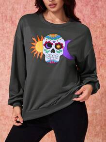 Cecilia Maafs Artist Day Of The Dead Women's Casual Simple Skull Printed Round Neck Loose Fit Sweatshirt For Holiday, Vacation, Spring, Festival, For Workout, Ibiza Fits, Western Wear