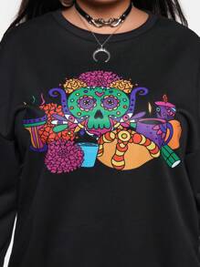 Simona Ahued Artist Day Of The Dead Plus Size Loose Fit Crewneck Sweatshirt, For Holiday, Vacation, Spring, Festival, For Workout, Ibiza Fits, Western Wear