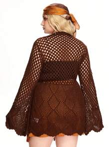 ROMWE Hippie 大码休闲纯色镂空针织开衫，棕色女式开衫