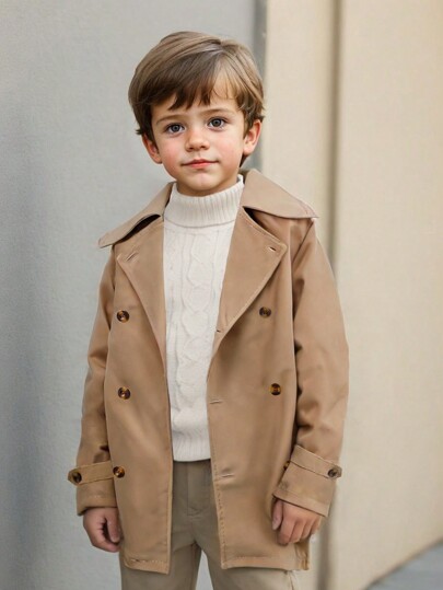 Souflis Souflis 1pc Young Boy Casual Double-Breasted Long Sleeve Trench Coat, Suitable For Daily Wear, School, Outings And Autumn/Winter Season