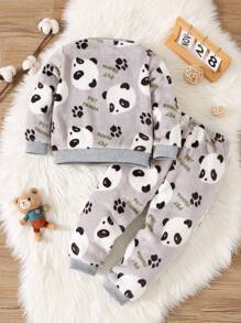 SHEIN 2 件套可爱熊猫图案长袖衬衫和裤子羊毛睡衣套装，适合男孩，秋冬季 - 彩色 - 查看 2