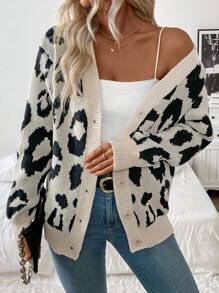 Chiquease Áo khoác cardigan dáng rộng họa tiết da báo cho nữ - Màu Khaki - Xem 3
