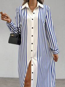 SHEIN Clasi 女士前扣中长袖条纹连衣裙，随机印花 - 藍色 - 查看 3