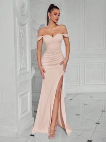 ADYCE Solid Color Off-Shoulder Elegant Ruched Open Back High Slit Cinched Waist Maxi Cocktail Dress, Suitable For Birthday, Wedding Guest, Graduation Ceremony, Gala, Homecoming And Other Semi-Formal Occasions - Apricot - View 8