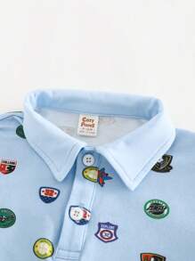 Cozy Pixies 2 piezas/Conjunto Camisa polo de punto de cuello suave con logo de dibujos animados y pantalones cortos de unicolor para niño bebé