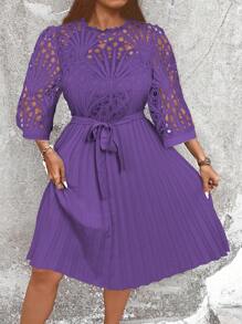 Cravure Plus Size Women Contrast Lace 3/4 Sleeve Elegant Ruffle Hem Dress Wedding