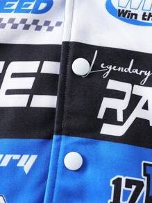 SHEIN 男童时尚酷炫摩托车元素印花立领罗纹袖口和下摆夹克。这款夹克融入摩托车元素，展现时尚外观。摩托车风格的印花图案为夹克增添了独特的个性化元素。罗纹领口、袖口和下摆呈现经典摩托车夹克风格，为整体造型增添时尚气息，适合秋冬穿着。这款夹克将成为男童衣橱中备受欢迎的时尚单品，为他们的服装增添个性化元素。