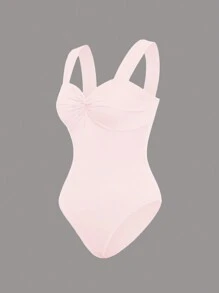 SHEIN Unity 女士纯色心形领扭纹宽肩带紧身连衣裤，休闲和度假