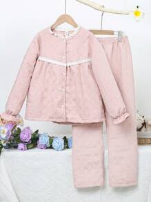 2 Stücke Mädchen Pink einfarbiges Lässig Loungewear Set mit Spitzenbesatz, Langarm - Pink - Übersicht 8