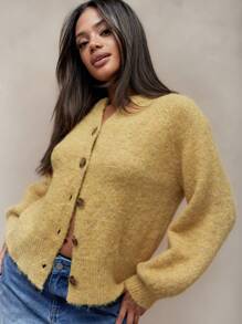 MISSGUIDED Warm Woollen Round Collar Button Through Balloon Sleeves Cardigan For Fall/Winter Winter Wear - Yellow - View 3