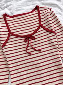 Soleia WYWH Women's Vacation Burgundy Striped Square Neck Flared Sleeve Knit Top With Bow Accent, Autumn Blouse
