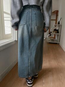 DAZY Women's Washed Faded Denim Skirt - Medium Wash - View 3