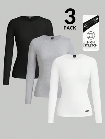 TaskEZ 3-Pack Long Sleeve Base T-Shirts, Women's Scrub Top Base T-Shirts, Comfortable Base T-Shirts,Plain Round Neck Long Sleeve Simple  Uniform Top