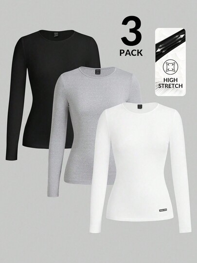 TaskEZ 3-Pack Long Sleeve Base T-Shirts, Women's Scrub Top Base T-Shirts, Comfortable Base T-Shirts,Plain Round Neck Long Sleeve Simple  Uniform Top
