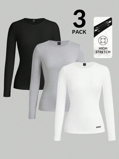 TaskEZ 3-Pack Long Sleeve Base T-Shirts, Women's Scrub Top Base T-Shirts, Comfortable Base T-Shirts,Plain Round Neck Long Sleeve Simple  Uniform Top