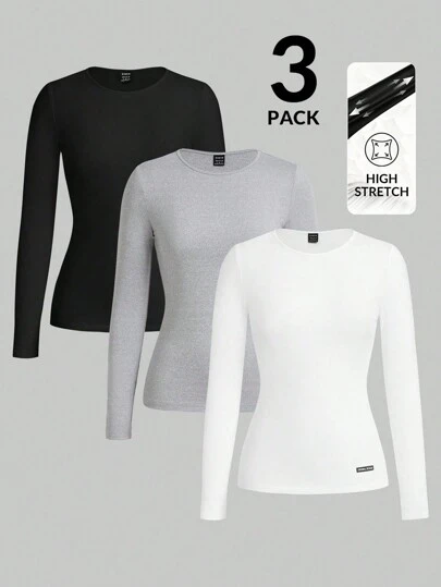 TaskEZ 3-Pack Long Sleeve Base T-Shirts, Women's Scrub Top Base T-Shirts, Comfortable Base T-Shirts,Plain Round Neck Long Sleeve Simple  Uniform Top