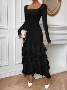 SHEIN Privé Plus Size Elegant Commute & Date Night Sexy Concert Design Scoop Neck Long Sleeve Fitted Black Maxi A-Line Ruffle Hem Dress - Black - View 4