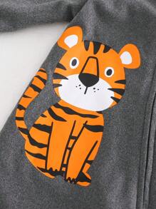 Cozy Pixies 2pcs Newborn Baby Boy Cartoon Tiger Print Knitted Soft Round Collar Long Sleeve Footie Jumpsuit Set Graphic - Grey - View 5