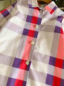 SHEIN 1 件年轻女孩休闲通勤格纹保暖内衬长袖风衣，配有 PU 腰包，适合秋季日常穿着