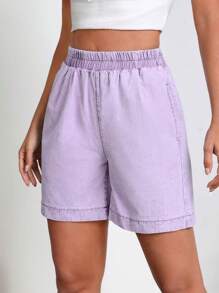Summer Casual Washed Denim Shorts - Mauve Purple - View 3
