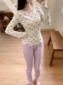 DAZY Cute Contrast Color Plaid Printed Fleece Pajamas Set - Purple - View 5