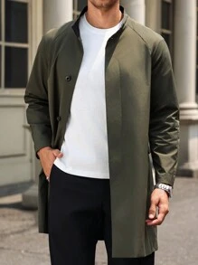 Manfinity Bizformal 男士纯色立领休闲风衣，秋季 - 軍綠色 - 查看 5