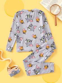TOM & JERRY X SHEIN Young Boy Cartoon Allover Print Snug Fit Sleepwear Set - Long Sleeve Top & Pants