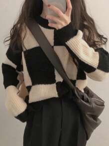 DAZY 女士圆领长袖格子简约毛衣，休闲日常，冬装，秋装 - 黑色 - 查看 2