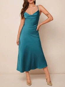 SHEIN Clasi Vestido de slip midi elegante de unicolor para mujer - Azul - Ver 4