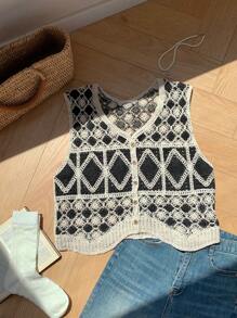 Comfortcana Women's Casual Diamond Pattern Knitted Cardigan Vest