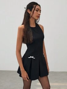 Aloruh Women Solid Color Bow Decor Pleated Mini Dress For Work