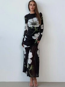 Aloruh Váy xếp ly in hoa thanh lịch, Xuân-Thu - màu đen - Xem 1