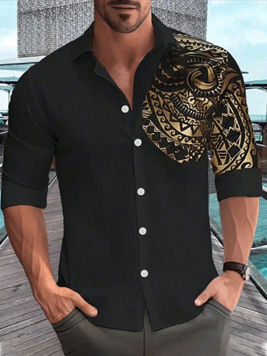 Manfinity AFTRDRK Men's Geometric Print Long Sleeve Casual Shirt, Spring & Autumn, Black And Gold Shirts, For Fall