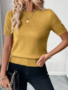 Uhlyne 女士纯色简约日常圆领短袖针织上衣 - 芥末黃 - 查看 3