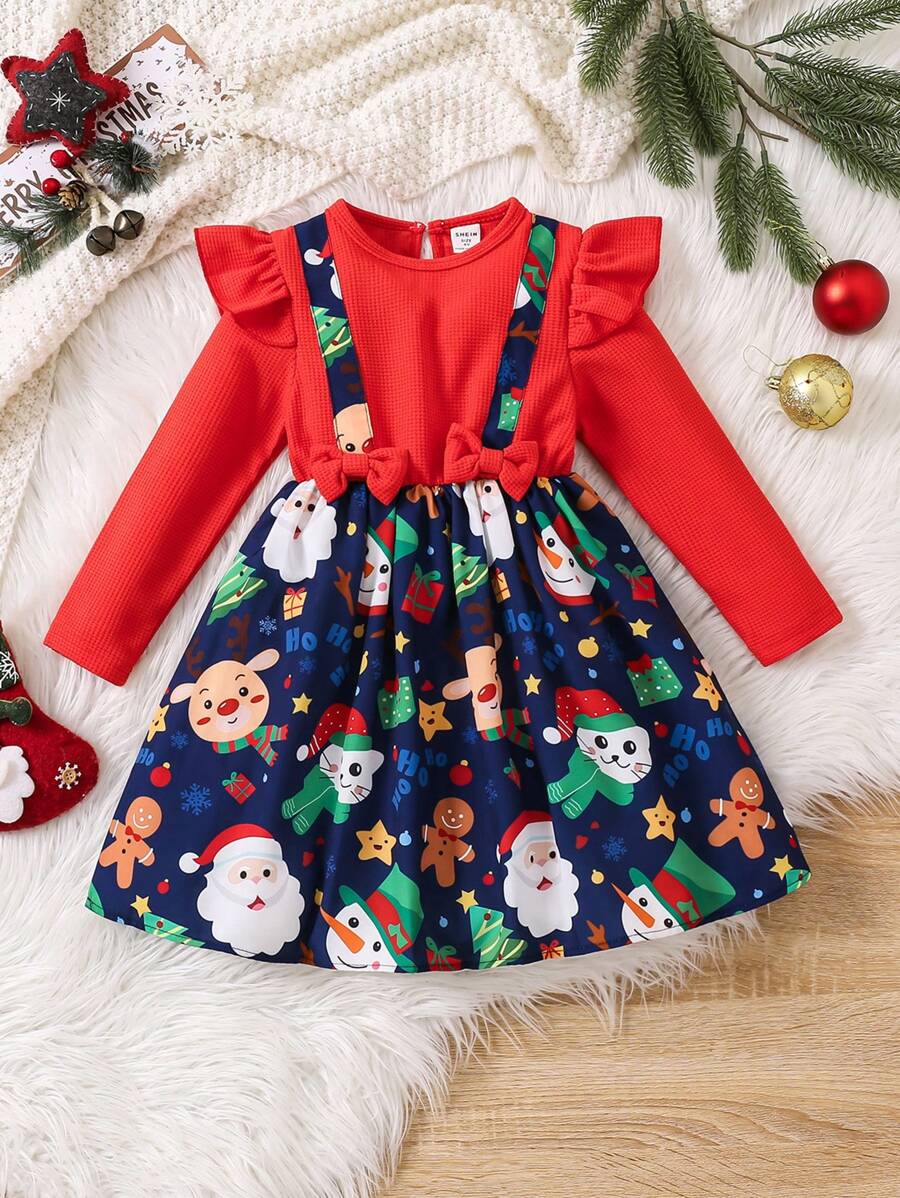 Toddler Girls' Cute & Artsy Christmas Themed Reindeer, Santa Claus, Christmas Tree Print Long Sleeve Ruffle Trim Waffle Knit Party Dress, Autumn - Multicolor - View 1