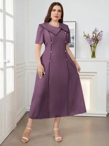 Modelyn Đầm dạ hội dài thanh lịch có cổ áo bất đối xứng tay bèo nhún cỡ lớn cho nữ - Bụi tím - Xem 5