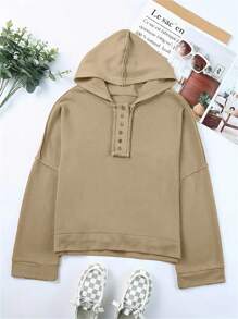 INAWLY Áo hoodie nữ màu trơn tối giản, kiểu dáng thường ngày, thích hợp cho mùa thu. - Màu Khaki - Xem 5