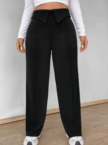 Celure Plus Size Versatile Solid Color Fold-Over Waistband Tapered Pants - Black - View 6