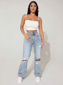 SHEIN PETITE High-Waisted Ripped Loose Y2K Autumn And Winter Warm Jeans Thermal Denim