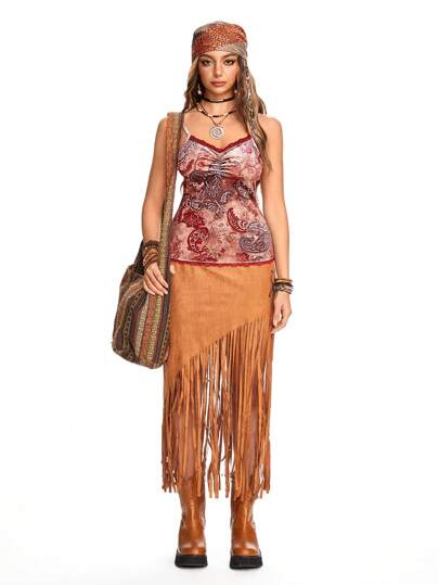 Canotta casual da donna con stampa floreale paisley plissettata e in pizzo