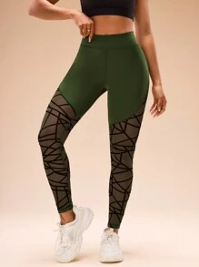 女款植绒网眼撞色运动紧身裤瑜伽裤