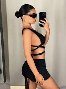 SHEIN ICON 2pcs Summer Sexy Backless Tie Camisole And Plain Low-Waist Shorts Set