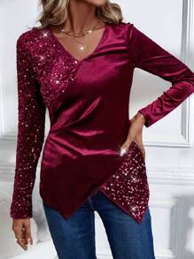EMERY ROSE Women's Solid Color V-Neck Sequin Patchwork Long Sleeve Shirt