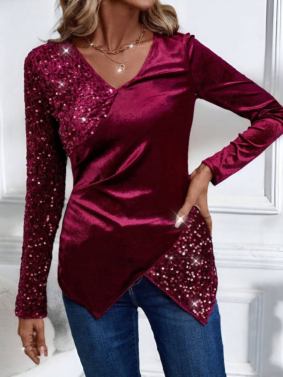 EMERY ROSE Women's Solid Color V-Neck Sequin Patchwork Long Sleeve Shirt