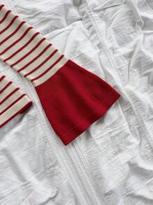 Soleia WYWH Women's Vacation Burgundy Striped Square Neck Flared Sleeve Knit Top With Bow Accent, Autumn Blouse