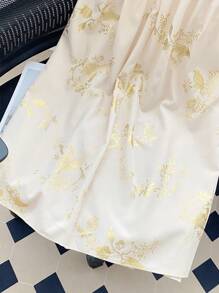SHEIN Unity Plus Size Elegant Gold Foil Printed Pleated Skirt, Spring/Summer - Apricot - View 4